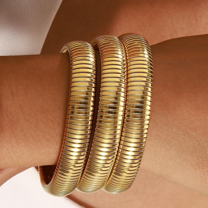 JUNYANGY Gold Bangles for Women Set of 3 Chunky Stretch Bangles Bracelets 24K Gold Plated Stainless Steel Bracelets Flexible Wide Stack Bracelets Designer Look Alike Jewelry for Women - Image 2
